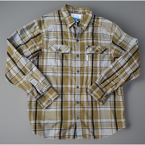 Columbia Other - Columbia Long Sleeve Button Up Shirt Plaid Logo Pockets Brown White Large JBHS